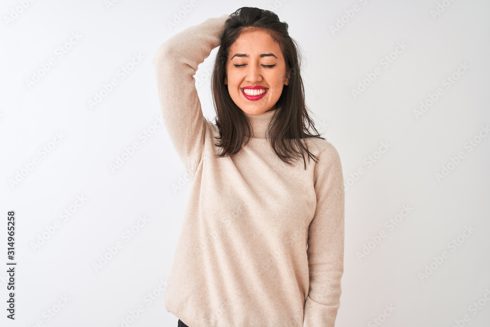 Beautiful chinese woman wearing turtleneck sweater standing over isolated white background smiling confident touching hair with hand up gesture, posing attractive and fashionable Beautiful chinese woman wearing turtleneck sweater standing over isolated white background smiling confident touching hair with hand up gesture, posing attractive and fashionable