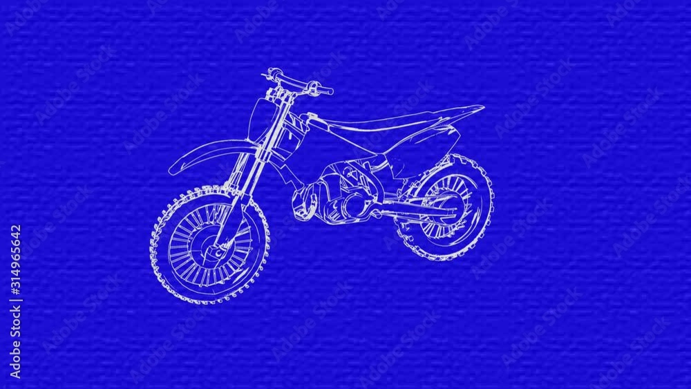 Blueprint of motorcycle rotating . White line art against blue background paper texture. Looping 3d animation , rendering Blueprint of motorcycle rotating . White line art against blue background paper texture. Looping 3d animation , rendering