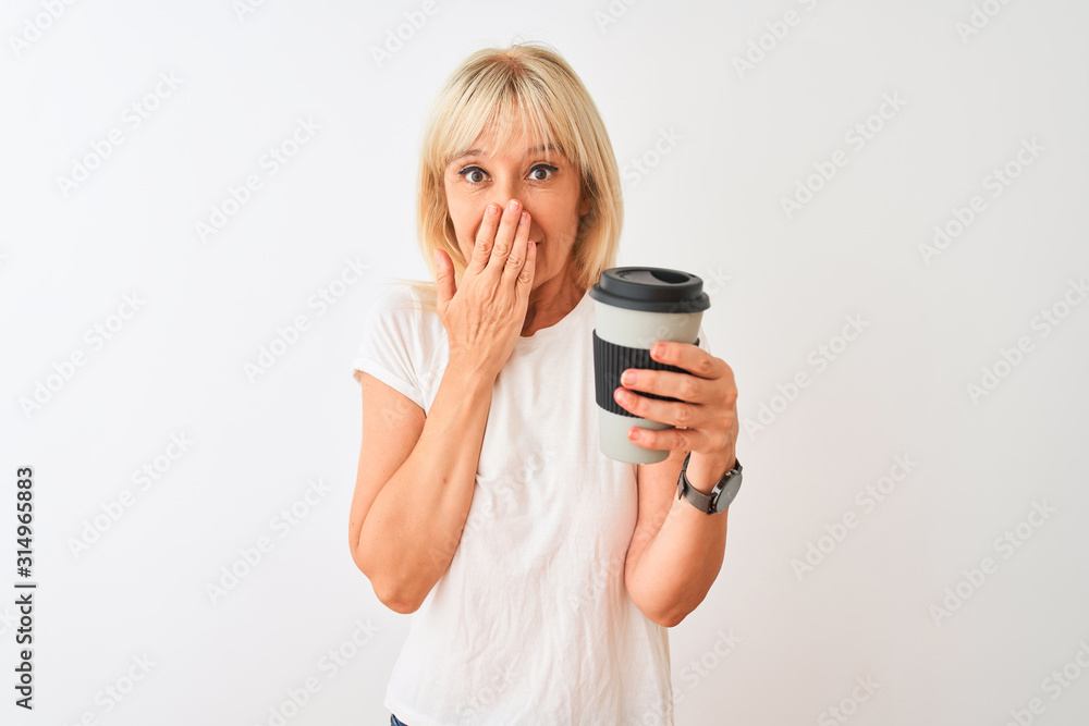 Middle age woman drinking glass of take away coffee standing over isolated white background cover mouth with hand shocked with shame for mistake, expression of fear, scared in silence, secret concept Middle age woman drinking glass of take away coffee standing over isolated white background cover mouth with hand shocked with shame for mistake, expression of fear, scared in silence, secret concept