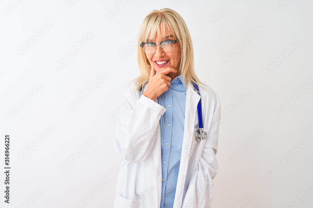 Middle age doctor woman wearing glasses and stethoscope over isolated white background looking confident at the camera with smile with crossed arms and hand raised on chin. Thinking positive. Middle age doctor woman wearing glasses and stethoscope over isolated white background looking confident at the camera with smile with crossed arms and hand raised on chin. Thinking positive.