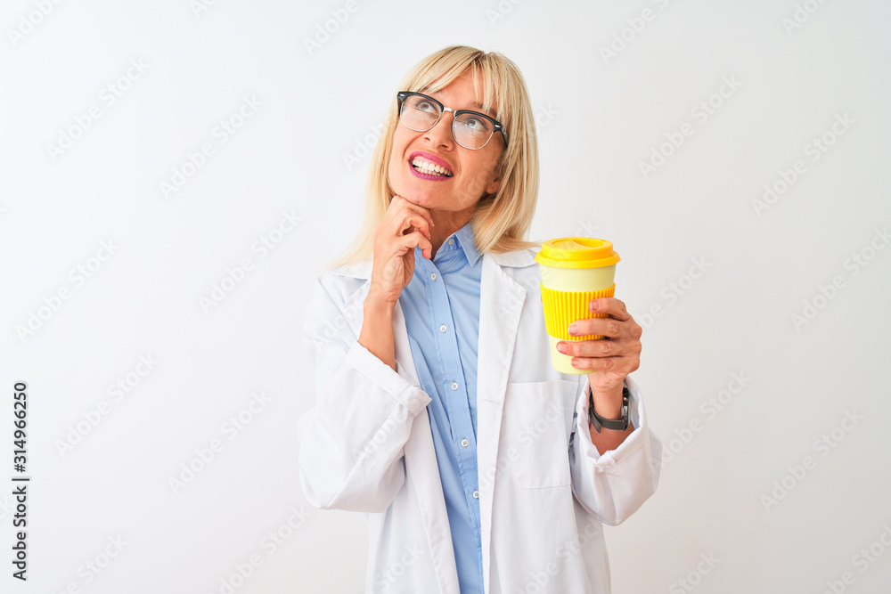 Middle age scientist woman wearing glasses drinking coffee over isolated white background serious face thinking about question, very confused idea Middle age scientist woman wearing glasses drinking coffee over isolated white background serious face thinking about question, very confused idea