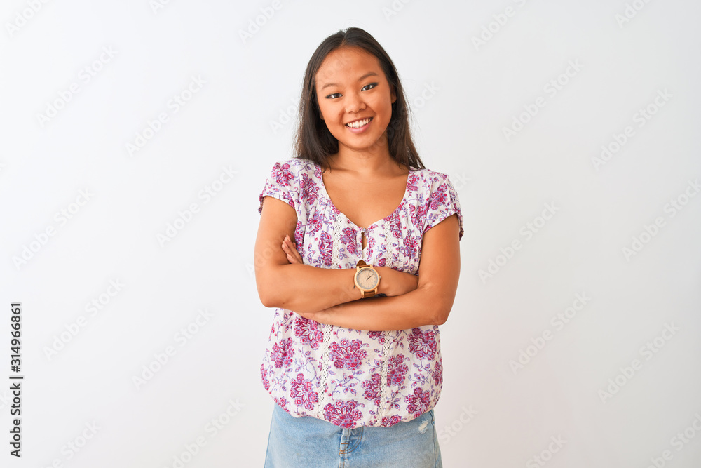 Young chinese woman wearing casual floral t-shirt standing over isolated white background happy face smiling with crossed arms looking at the camera. Positive person. Young chinese woman wearing casual floral t-shirt standing over isolated white background happy face smiling with crossed arms looking at the camera. Positive person.