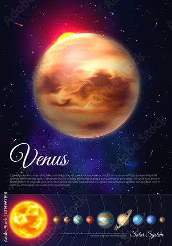 Venus planet colorful poster with solar system. Galaxy discovery and exploration. Realistic planetary system in deep space vector illustration. Astronomy and astrophysics science vertical flyer.