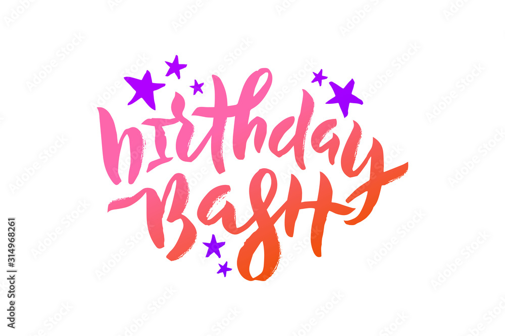 Vector stock illustration of Birthday Bash inscription with violet stars for greeting card, invitation. Brush pen lettering calligraphy for birthday party, anniversary. EPS 10
