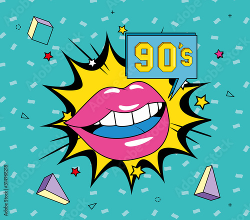 poster of lips with nineties lettering in speech bubble vector illustration design