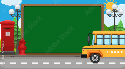 Back to school sign with school bus on the road background