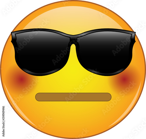 Cool flushed neutral face emoji. Awesome yellow face emoticon wearing sunglasses and having a small, closed mouth and blushing cheeks. Expressing embarrassment, disbelief, excitation.