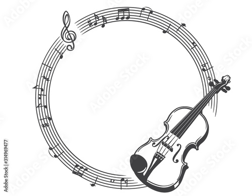 ヴァイオリンと音符、楽譜のイラスト、フレーム素材