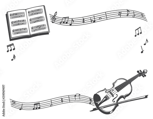 ヴァイオリンと音符、楽譜のイラスト、フレーム素材