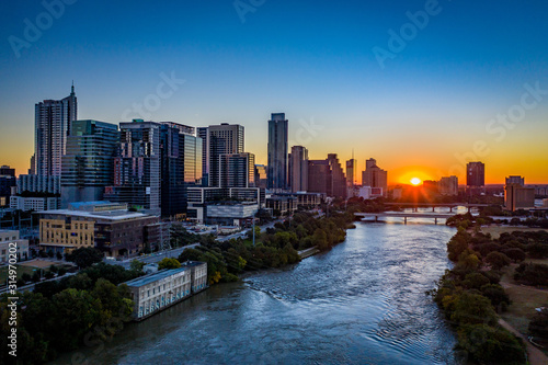 Aerial image of Austin texas skyline at sunrise