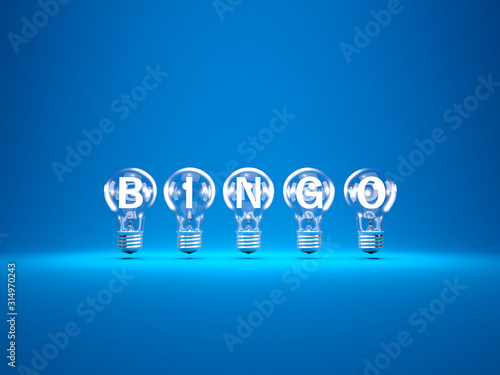 Illuminated sign BINGO inside light bulbs. Lottery concept