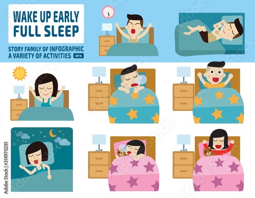 wake up early and full sleep. health care concept. infographic elements. flat cute cartoon design illustration.