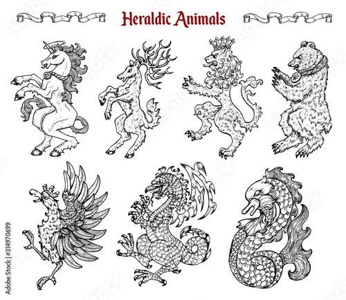 Design set with collection of heraldic beasts and animals like unicorn, dragon, lion isolated on white.