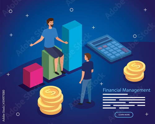 financial management with men and business icons vector illustration design