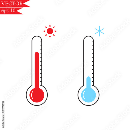 Simple thermometer flat icon show heat and cold status.Weather forecast equipment.Temperature measurement.Summer and winter season.Vector.Illustration. 