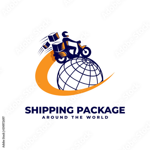 Shipping Package Around the World Logo Vector Icon Illustration, Package Delivery by Motorcycle