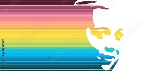 Face front view. Elegant silhouette of a female head. Portrait of a happy smiled woman. Gradient paint horizontal lines
