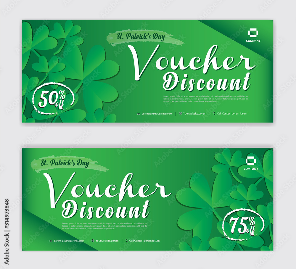 Discount voucher vector, Gift Voucher template, Coupon, discount card for St. Patrick Day, Sale banner, headers, website, Green background