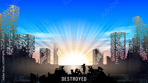 Little girl looking at the sun on the horizon standing dark ruins of buildings, rear view.