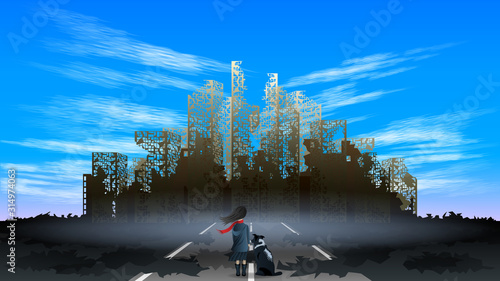 Little girl with a dog looks at the panorama of the destroyed city