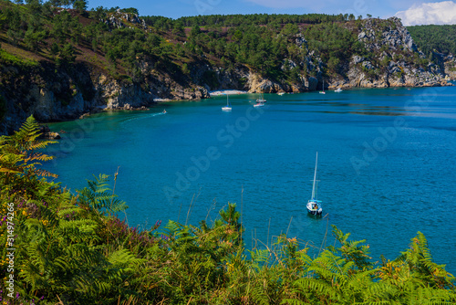 Incredible landscape with yachts near Virgin Island's Beach. Crozon Peninsula. Finister. Brittany. France photo