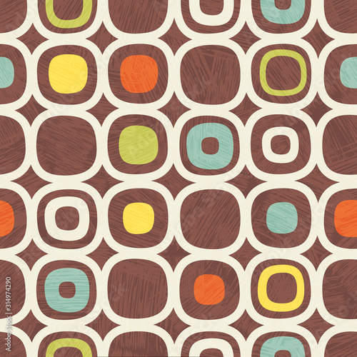 Abstract seamless pattern of rounded squares with random details. Mid century modern Scandinavian style. For fabrics, prints, wallpaper, home decor.
