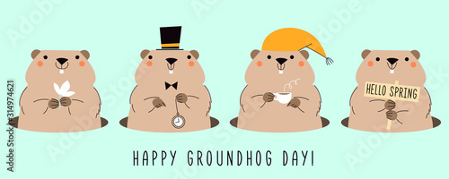  Happy Groundhog Day. Card with four cute groundhogs. Design for print greetings card, banner, poster. Vector illustrations. photo