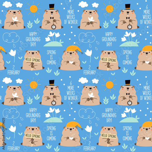 Happy Groundhog Day. Seamless pattern with cute groundhogs. Spring and winter weather. Design for print greetings card, banner, poster. Vector illustration.
