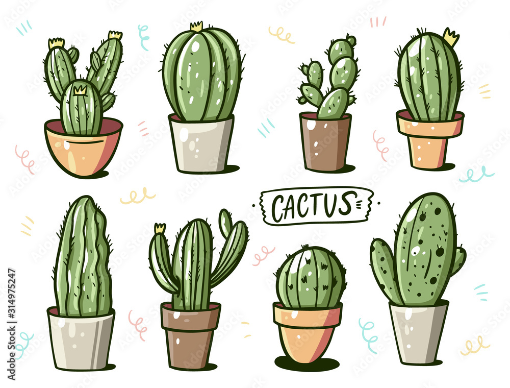 Different cactus in home flower pots. Cartoon style. Vector illustration. Different cactus in home flower pots. Cartoon style. Vector illustration.