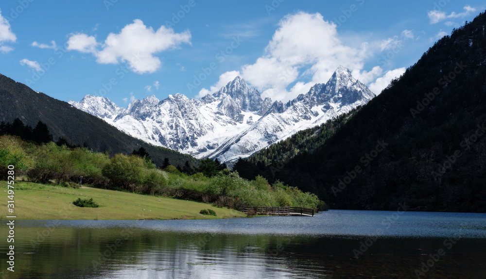 Nature landscape, green valley with snow mountain and lake in summer