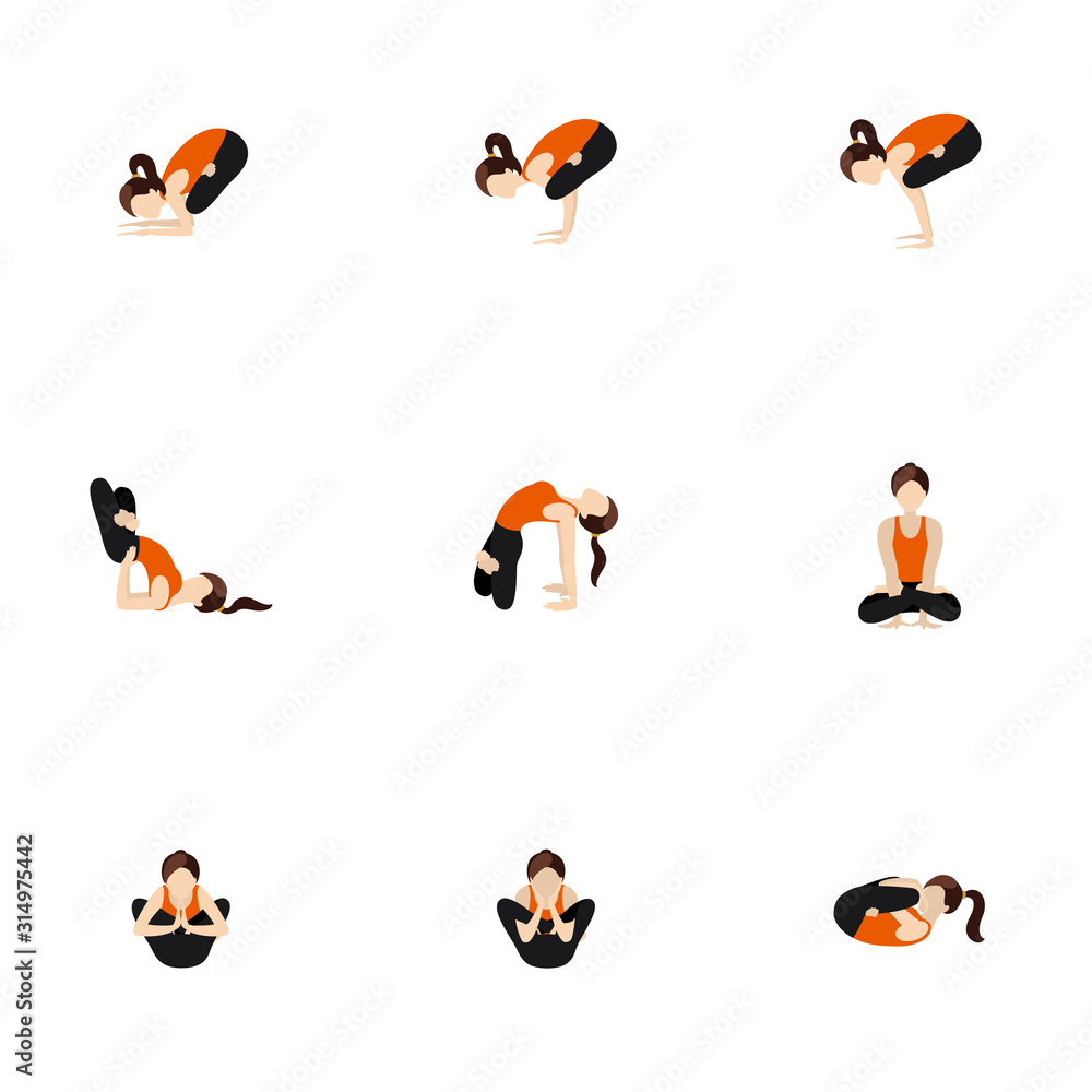 Yoga asanas set balance lotus poses/ Illustration stylized woman practicing padmasana in different poses