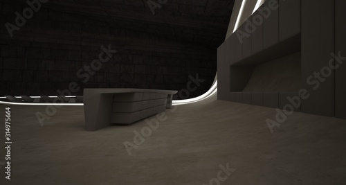 Fototapeta Naklejka Na Ścianę i Meble -  Abstract architectural concrete smooth interior of a minimalist house with swimming pool and neon lighting. 3D illustration and rendering.