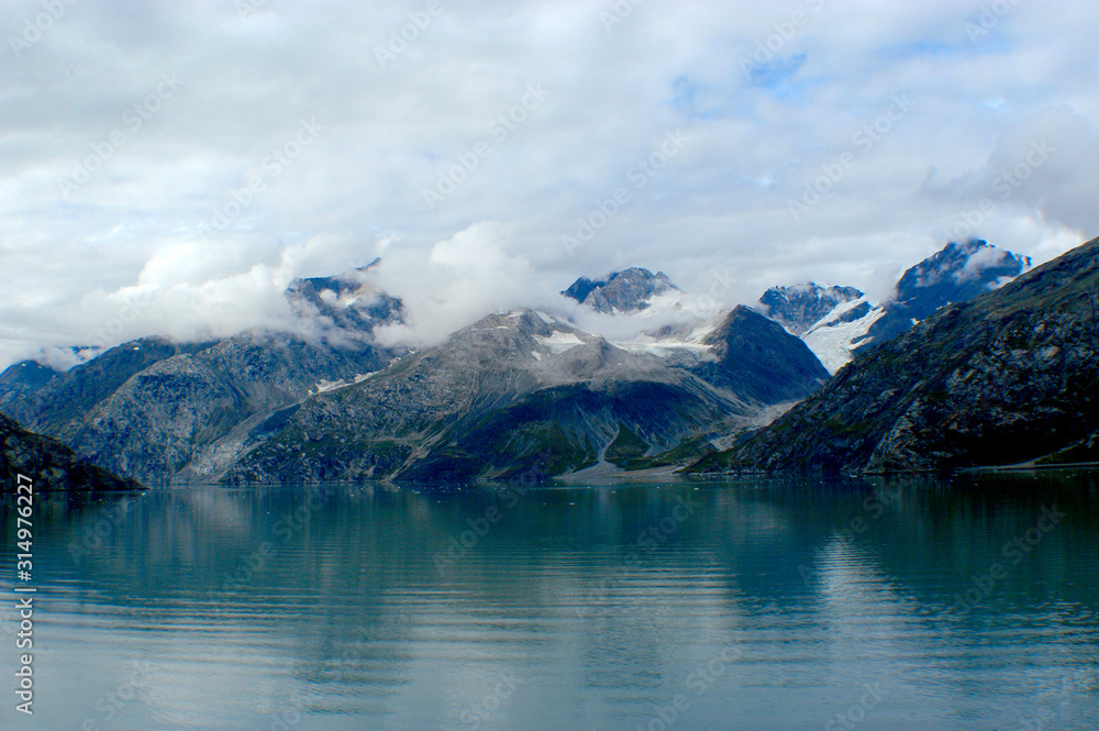 A panoramic view of Glacier Bay, Alaska, coming through the Inside Passage to view the calving of the glaciers. 