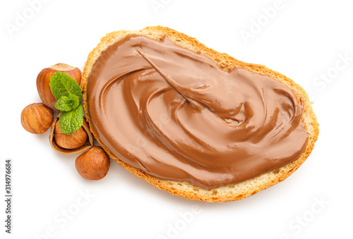 Obraz na płótnie Fresh bread with chocolate paste on white background