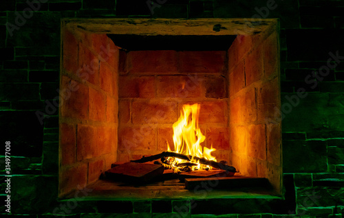Burning wood in the fireplace