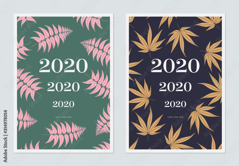 Set of new year greeting card template design, colorful leaves with 2020 happy new year lettering, vintage style