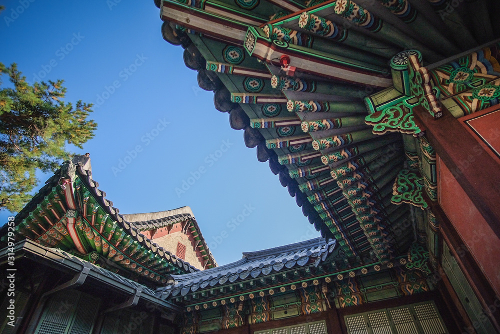 Basbtract colors and patterns of Korean temples with blue sky