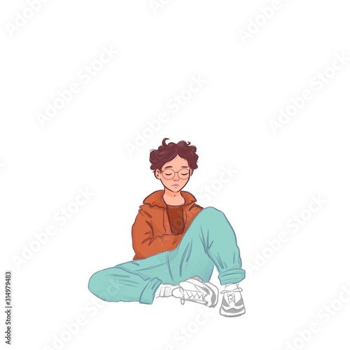 Young girl sitting on ground sleeping 
