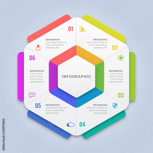 Hexagon Infographic Template with Six Options for Workflow Layout, Diagram, Annual Report, Web Design