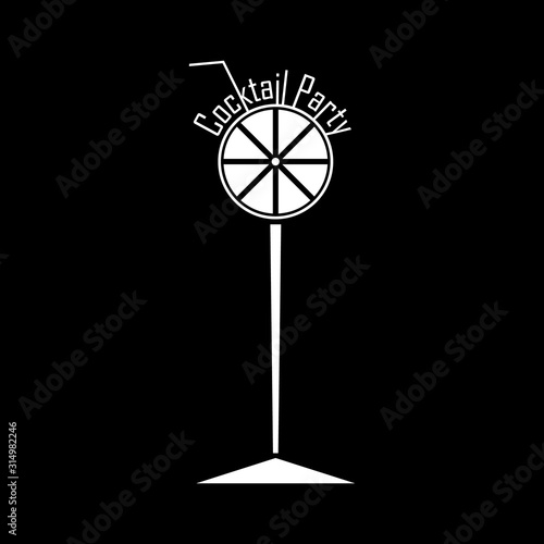 Abstract cocktail glass icon with lettering cocktail party and drinking straw and citrus, limon, lime on a black background. Vector isolated illustrations of alcoholic drinks.
