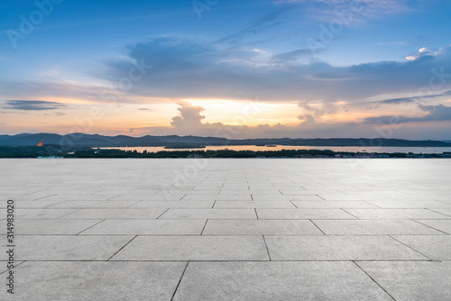 Road surface and urban architectural landscape skyline