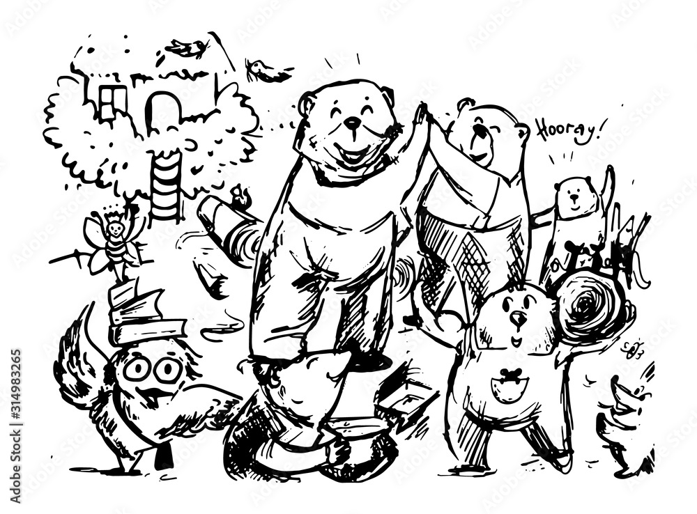 Fototapeta premium vector digital sketchy illustration of some forest inhabitants. Monochrome image.