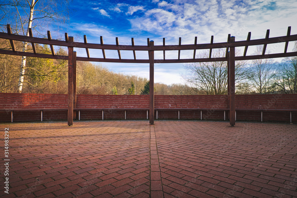 Viewing platform with stone and wood seating Viewing platform with stone and wood seating