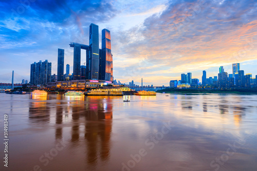 Chaotianmen wharf skyline and buildings at sunset in Chongqing,China.panoramic view.