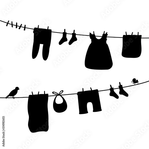 Baby clothes on clothesline. Laundry silhouette illustration. Kid apparel after washing hanging on a rope. For newborn, girl or boy. Vector isolated