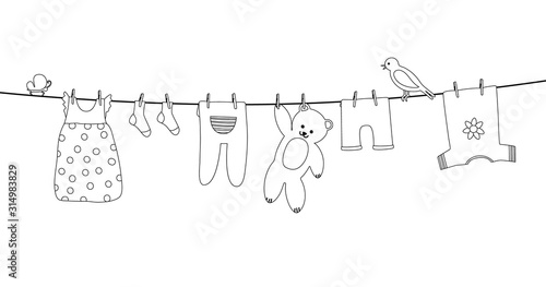 Baby clothes on clothesline. Kid apparel after washing hanging on a rope. Laundry for newborn, girl or boy. Vector outline