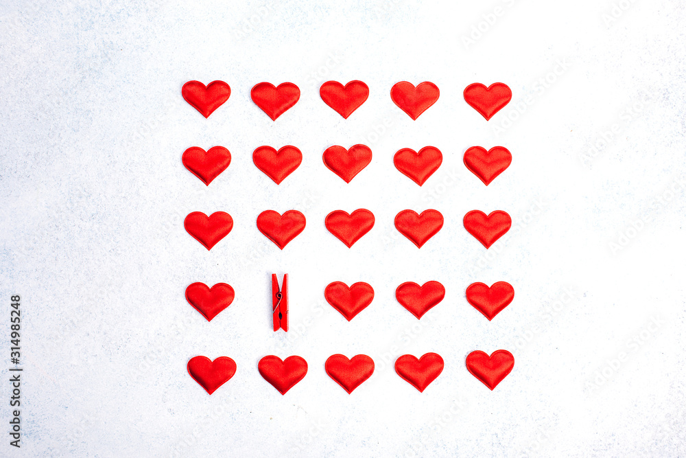 Valentines Day background with red hearts, top view