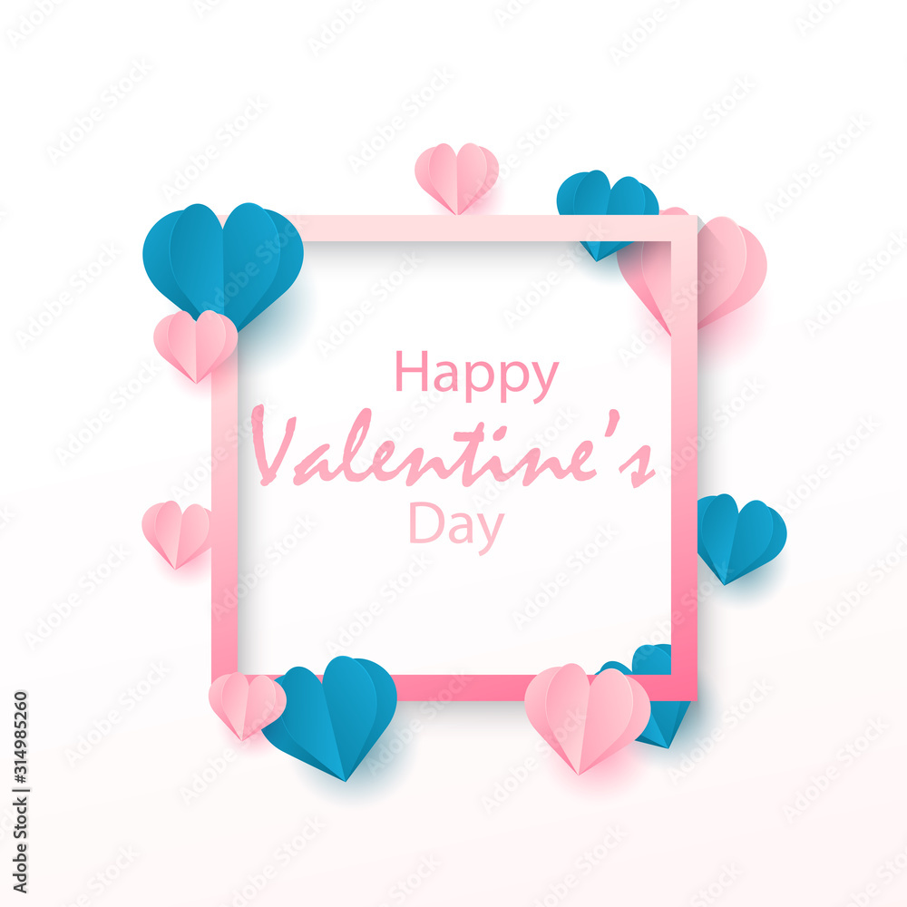 Valentine's Day card with flying origami hearts. Vector