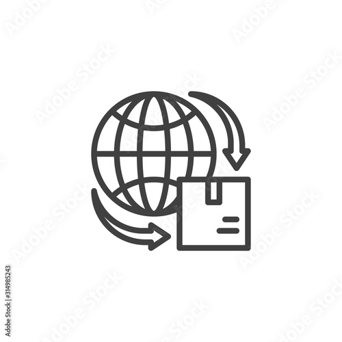 Worldwide delivery service line icon. Globe with package box linear style sign for mobile concept and web design. Global shipping outline vector icon. Symbol  logo illustration. Vector graphics