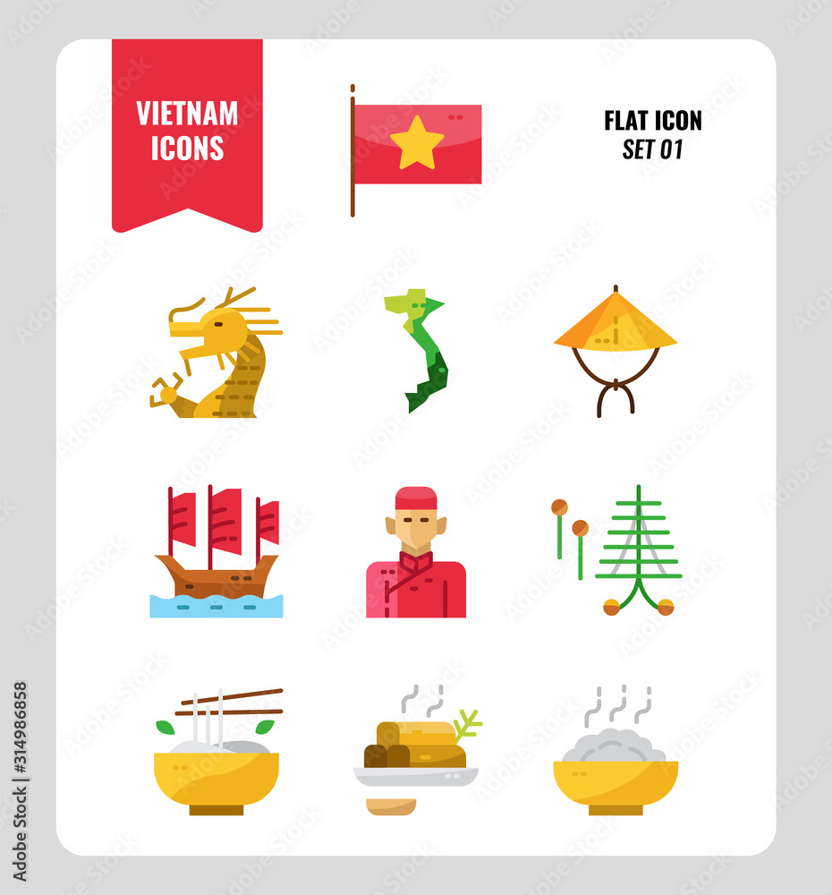 Vietnam icon set 1. Include flag, landmark, people, food and more. Flat ...